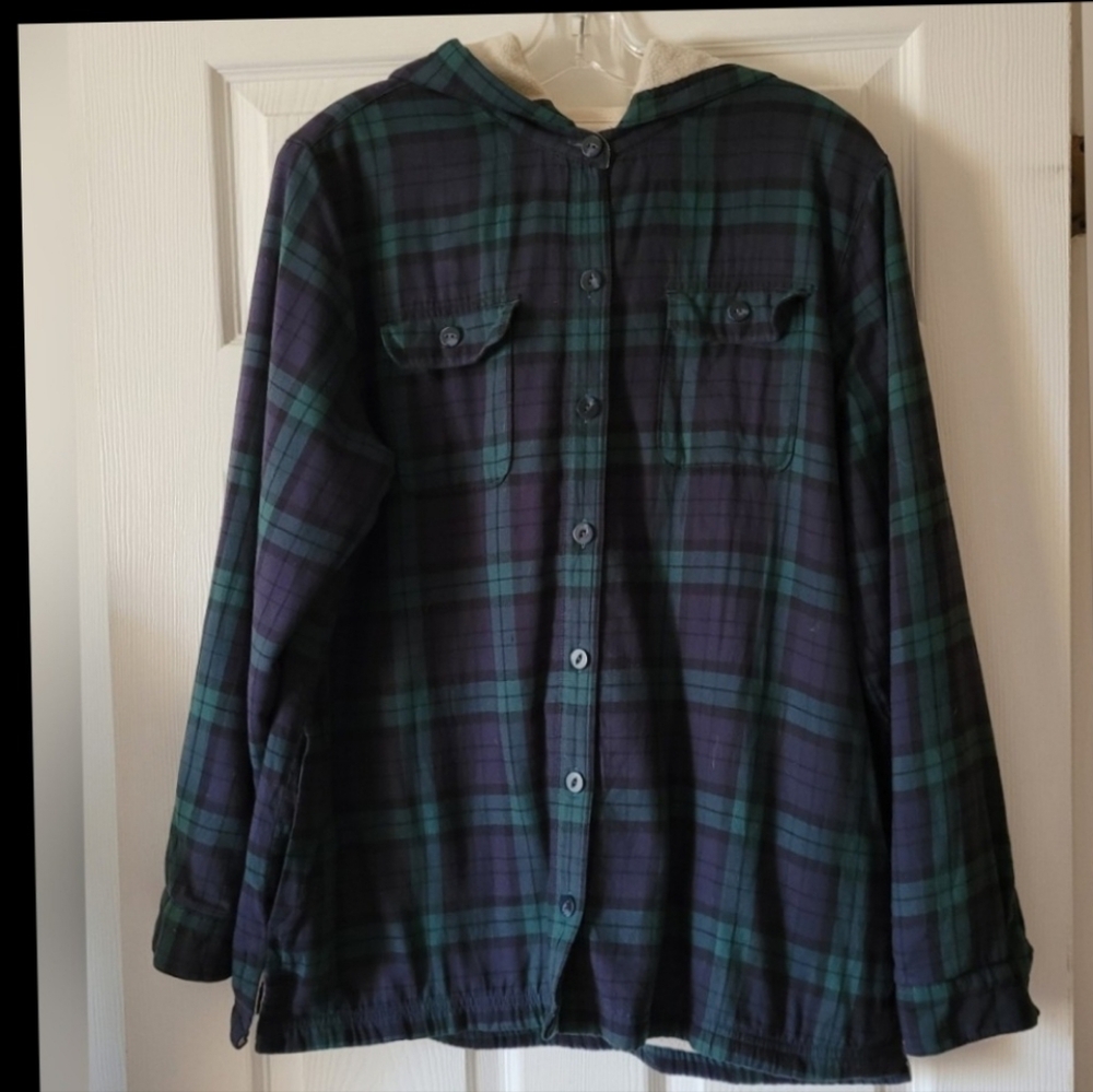 LL BEAN FLEECE LINED PLAID FLANNEL HOODIE SHACKET WOMEN'S SIZE  LARGE - Picture 3 of 16